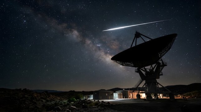 Radio telescope antenna silhouette under night sky with milky way galaxy