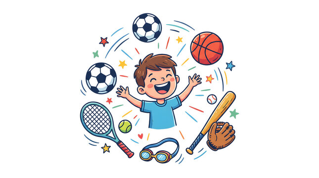 Girl Playing Tennis with Racket and Ball, Happy Child Athlete Enjoying Outdoor Sports, Cartoon Vector Illustration of Active Childhood, Fun, Exercise and Recreation