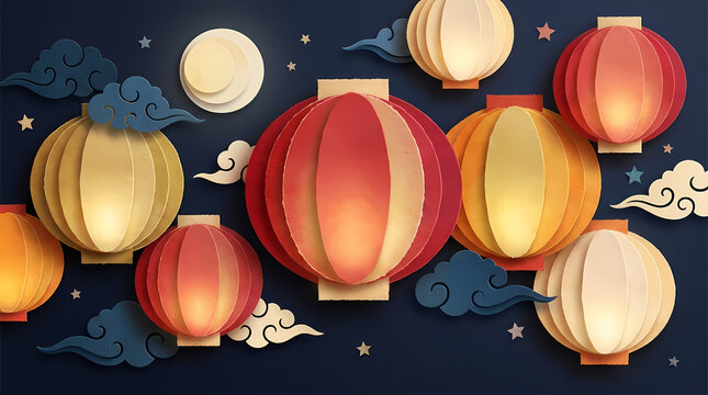 Chinese paper cut rabbit under moon full moon lantern Asian traditional art Mid Autumn Festival Lunar New Year paper craft decoration moon festival