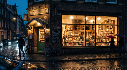 Obraz premium Cozy Independent Bookstore Illuminated on a Rainy Evening