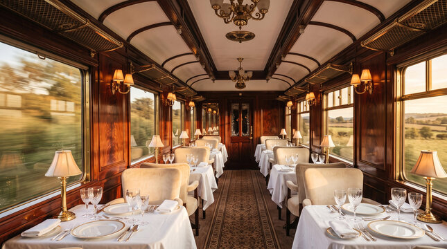  Elegant Luxury Dining Car Interior on a Scenic Train Journey