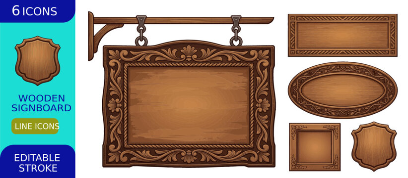 Collection of 6 ornate rustic wooden signboards, featuring a large hanging sign with chains and various shapes, for vintage decor.