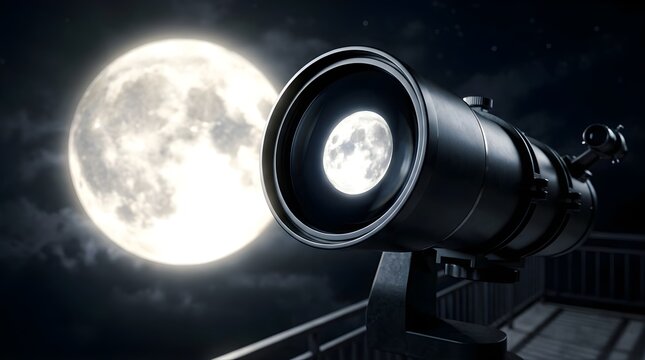 Telescope pointed at a bright full moon in the dark night sky