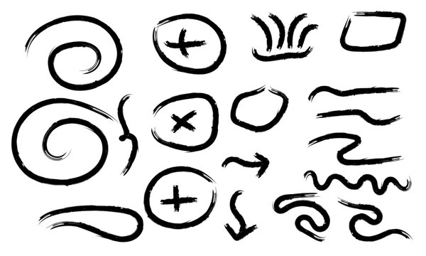 Set of grungy brush spirals plus signs arrows and wavy lines with collection