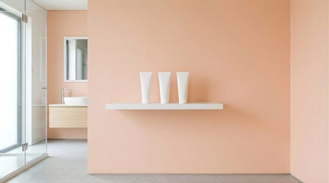 Three blank cosmetic tubes on a shelf in a minimalist peach bathroom