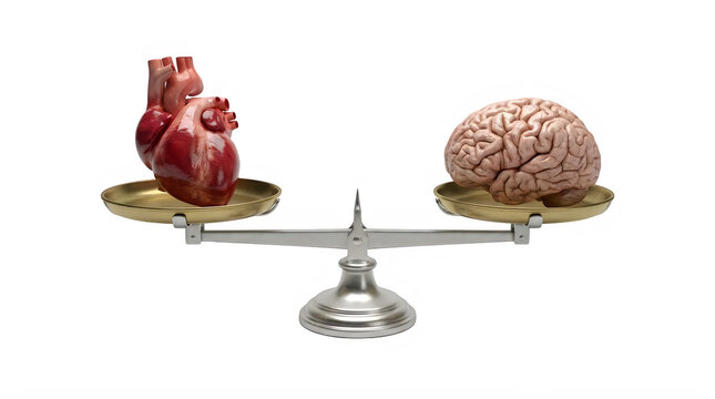 Human heart and brain balanced on a golden scale isolated on transparent background