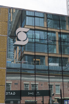 corporate logo of Scotiabank on a facade in downtown Toronto