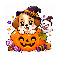 Fototapeta premium Adorable Halloween Cat Character Sitting Inside a Pumpkin