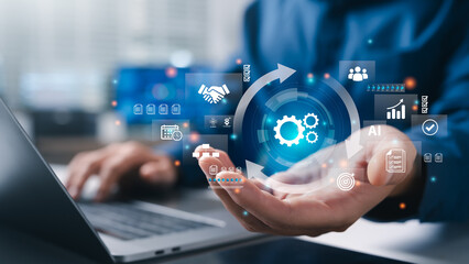 Businessman developing digital automation system and AI workflow optimization, Concept of process management, operational efficiency, business technology, and digital transformation strategy