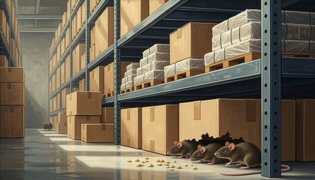 Ratos escondidos entre caixas armazenadas em dep&oacute;sito comercial, representando infesta&ccedil;&atilde;o de roedores, risco de contamina&ccedil;&atilde;o de mercadorias e necessidade de controle profissional e desratiza&ccedil;&atilde;o