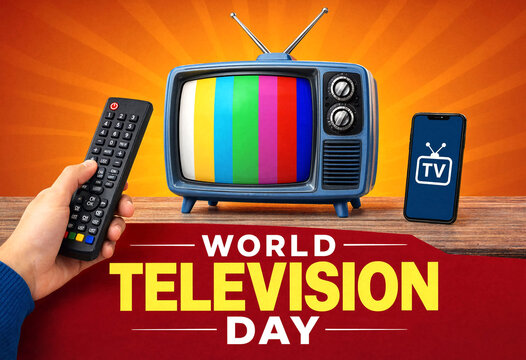 Celebrate world television day with retro tv remote control and smartphone showing tv app display
