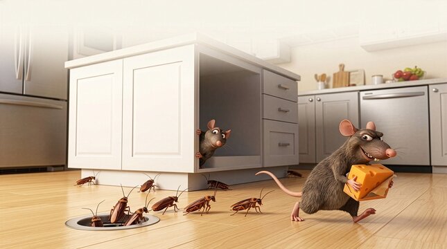 Ratos e baratas invadindo arm&aacute;rio de cozinha residencial, representando infesta&ccedil;&atilde;o severa, contamina&ccedil;&atilde;o de alimentos, falta de higiene e necessidade de controle profissional de pragas