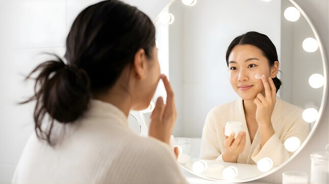 Young Asian woman applying facial cream looking at mirror in bathroom