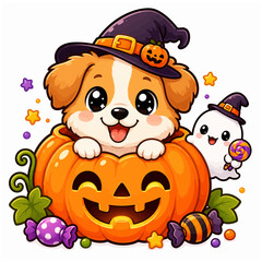 Fototapeta premium Adorable Chibi Dog Halloween Party Pumpkin Character Illustration