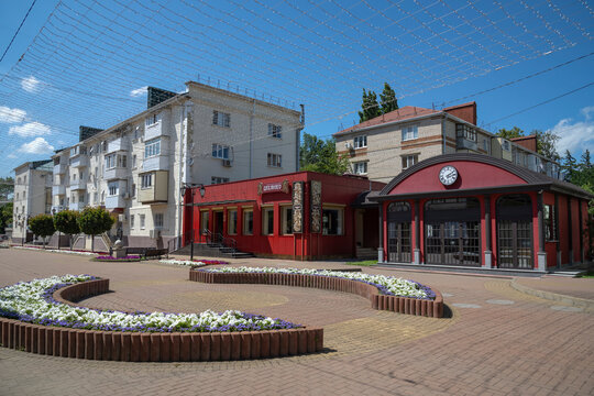 CHERKESSK, RUSSIA - JULY 09, 2026: Pedestrian Pervomayskaya Street in the early, deserted morning, Cherkessk. Republic of Karachay‑Cherkessia