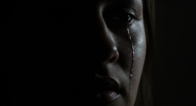 Sad woman crying alone in darkness.