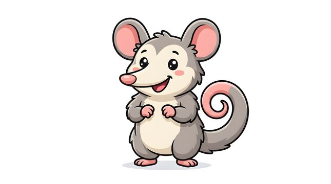 Adorable cartoon opossum mascot character standing and smiling, cute grey possum vector illustration isolated on white background