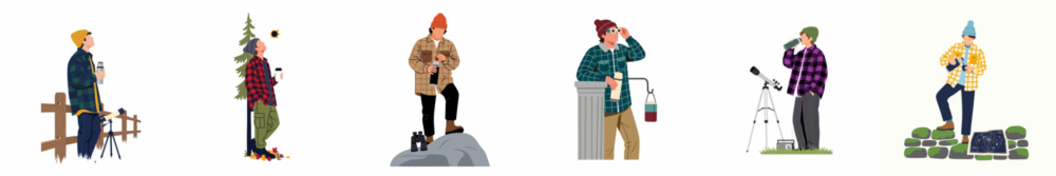 A collection of flat illustrations showing people engaged in outdoor hobbies like birdwatching, stargazing, and nature photography, dressed in warm winter clothing.