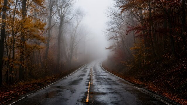 A winding asphalt road disappears into dense fog amongst autumn trees