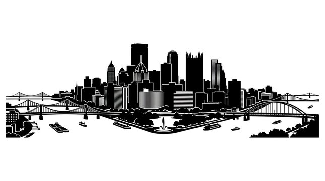 Detailed vector silhouette of the Pittsburgh city skyline with bridges and rivers