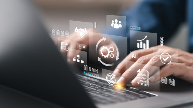 Businessman developing digital automation system and AI workflow optimization, Concept of process management, operational efficiency, business technology, and digital transformation strategy
