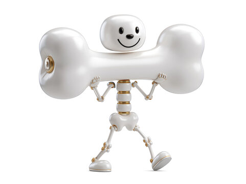 White Robot Character Holding Large Bone