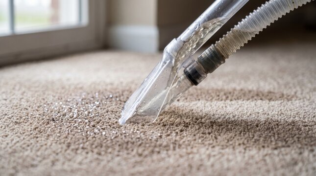 Close-up of a water extraction wand pulling water from a wet carpet during storm damage restoration