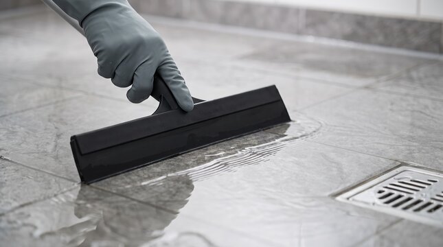 Close-up of a squeegee tool pushing standing water toward a floor drain during storm damage restoration