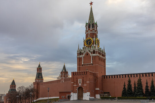 Spasskaya Tower on Red Square. The Spasskaya tower with chimes. The Moscow Kremlin and historical buildings. Cultural heritage of Russia