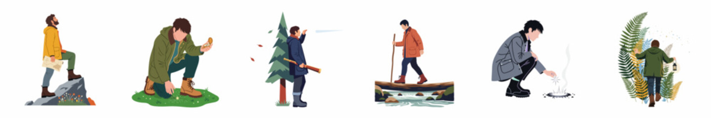 Fototapeta premium Collection of diverse flat illustrations depicting people enjoying outdoor activities like hiking, trekking, and exploring nature, isolated on a white background.