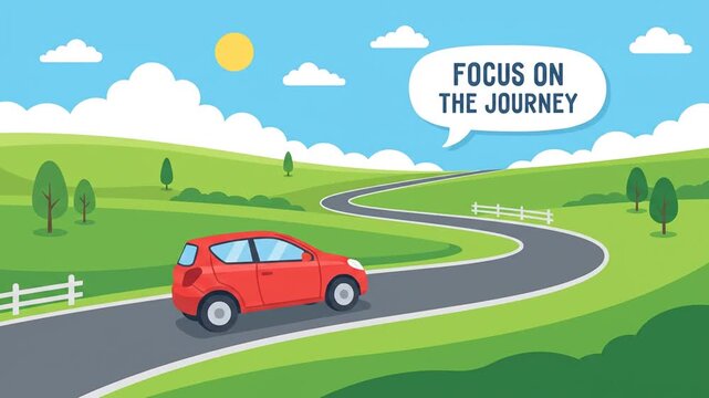 Red car driving on winding road through green hills with motivational text