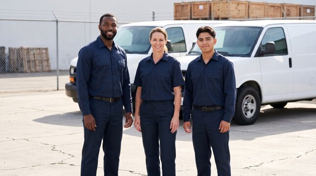 Team of restoration technicians standing in front of service trucks at a depot