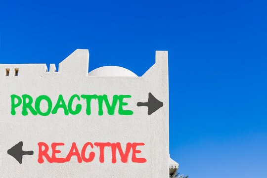 Proactive and reactive symbol. Concept word Proactive Reactive on beautiful white wall. Beautiful blue sky background. Business proactive and reactive concept. Copy space.