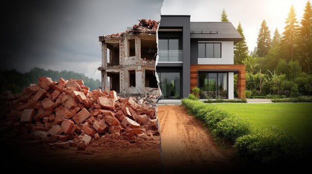 Transformation of a residential property from demolition to modern renovation with a split-screen view