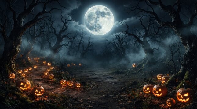 Full Moonlit Sky Over Spooky Pumpkin Patch