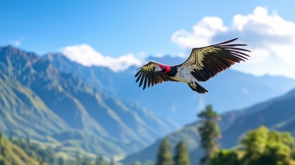 Obraz premium Majestic Black And White Vulture Soaring Over Lush Green Mountain Range