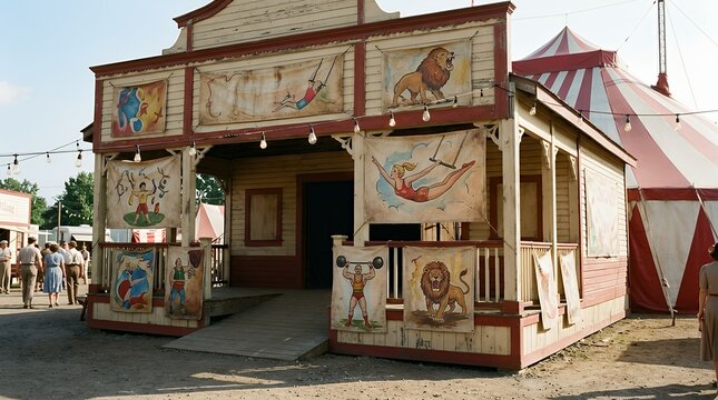 Vintage entertainment pavilion advertising banners featuring classic striped big top canvas and whimsical old fashioned performance announcements circus retro poster vintage carnival festival tent