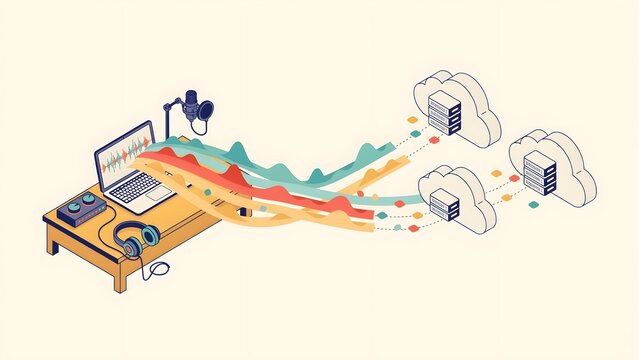 Studio Audio Workstation Streaming Sound Waves to Cloud Servers Isometric Vector Illustration