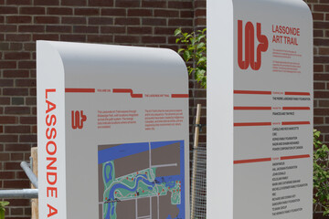 Fototapeta premium The Lassonde Art Trail (LAT) sign at Biidaasige Park, Port Lands, Toronto (near plaza of Old Firehall 30)