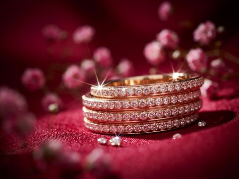 Stack of sparkling diamond eternity rings on a dark red velvet background with flowers