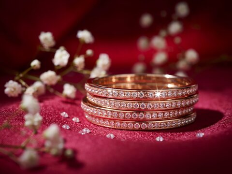 Stack of rose gold diamond eternity rings on a red velvet background with baby breath