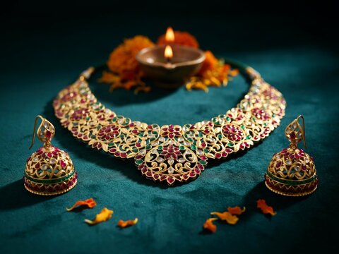 Traditional Indian bridal jewelry set with necklace and earrings on velvet background