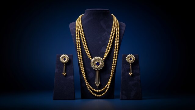 Elegant gold necklace and earring set on dark blue display for luxury jewelry marketing.
