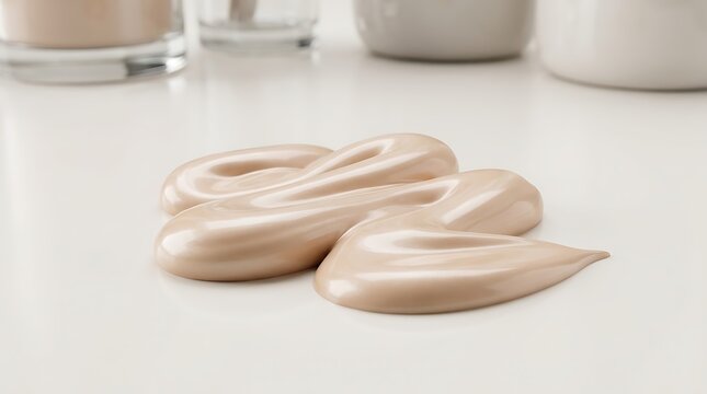 Smooth liquid foundation makeup swirls on a clean white surface with soft lighting