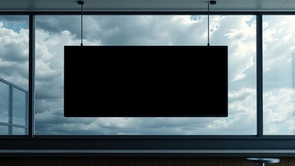 Fototapeta premium Minimalist interior features blank black canvas suspended before large window, cloudy sky visible. Modern design, simple aesthetic.