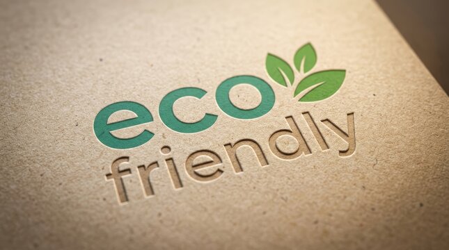 Green eco friendly logo with leaves embossed on sustainable brown recycled cardboard paper texture background