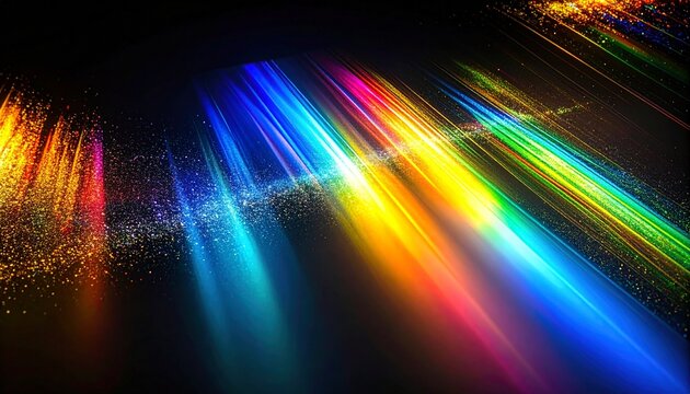 黒い背景に虹色の光の筋と輝く粒子が流れる背景