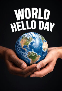 Diverse hands holding a globe together celebrating world hello day and global unity