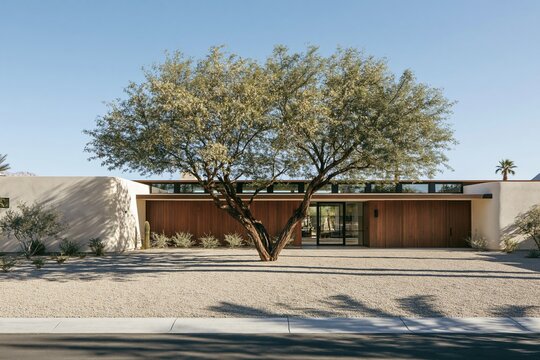 Modern desert home with khaki stucco, rounded corners, clerestory windows, and a mature palo verde tree in a gravel courtyard setting