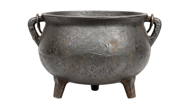 A rustic black cast iron cauldron with three sturdy legs and two handles, ideal for halloween decorations or historical reenactments